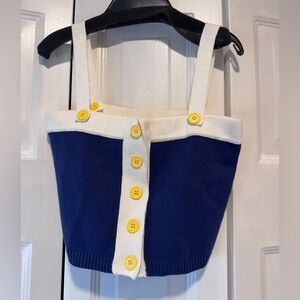 STAUD Blue and White Crop Top with Yellow Buttons